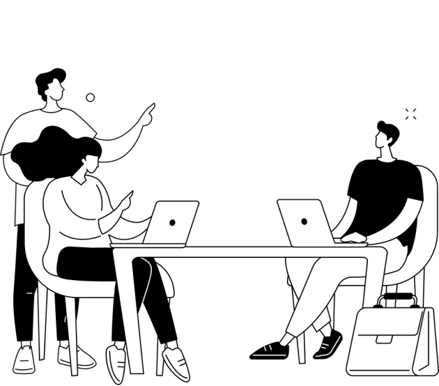 Ilustração em preto e branco de três pessoas em um ambiente de trabalho colaborativo, duas sentadas em frente a laptops e uma em pé, gesticulando em direção ao grupo, sugerindo interação e trabalho em equipe